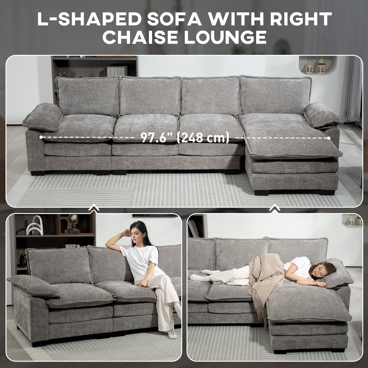 Sofa Couch with Chaise Lounge, Chenille L-shaped Couch with Double-layer Seat Cushion for Living Room, Grey