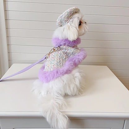 Lilac Harness and Leash Set | Plaid Dog Harness Hat Set
