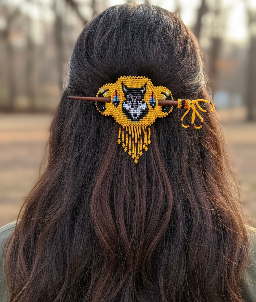 Wolf Fringed Beaded Barrette & Wooden Stick