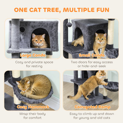 63 Inch Cat Tree with Sisal Scratching Posts, Condos, Plush Perches, Hammock, Ladder, Dangling Balls, Beige