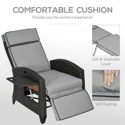 Wicker Recliner Chair with Adjustable Backrest and Footrest, Washable Cushion, Side Tray, Light Grey