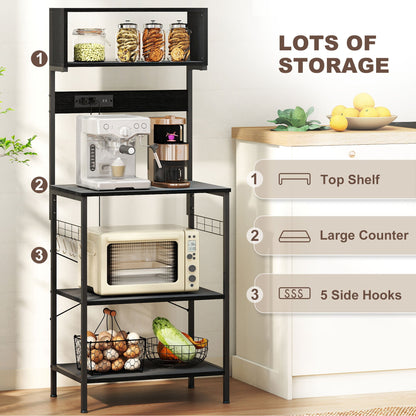 Baker's Rack with Charing Station, Microwave Shelf with Power Outlet, USB Charger and 5 Hooks, Black