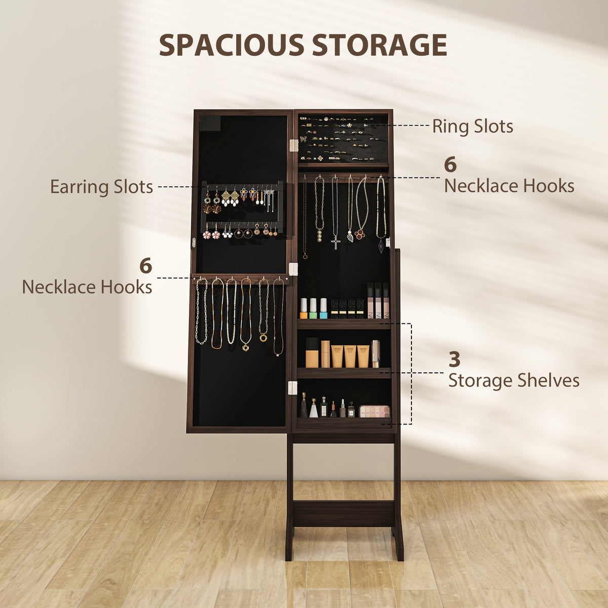 Free Standing Armoire Organizer, Lighted Mirrored Jewelry Cabinet w/ Angle Adjustable & 16 LED Lights Warm White