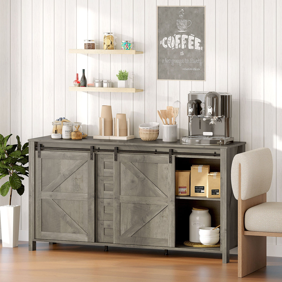 60" Buffet Cabinet, Farmhouse Sideboard with Sliding Barn Doors, Drawers and Adjustable Shelves, Cream White