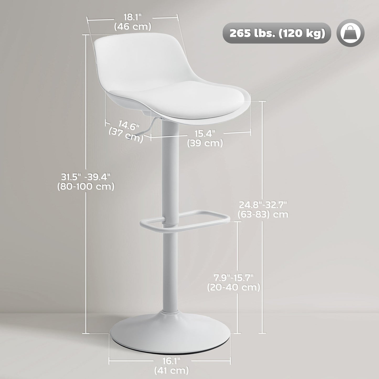 Zee Counter Height/Bar Stools Set of 2 with Adjustable Height and Swivel Seat-White