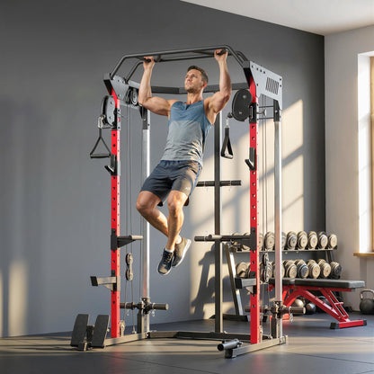 Power Cage, Power Rack with Adjustable Cable Pulley System, Pull-Up Bar, Dip Station, Landmine