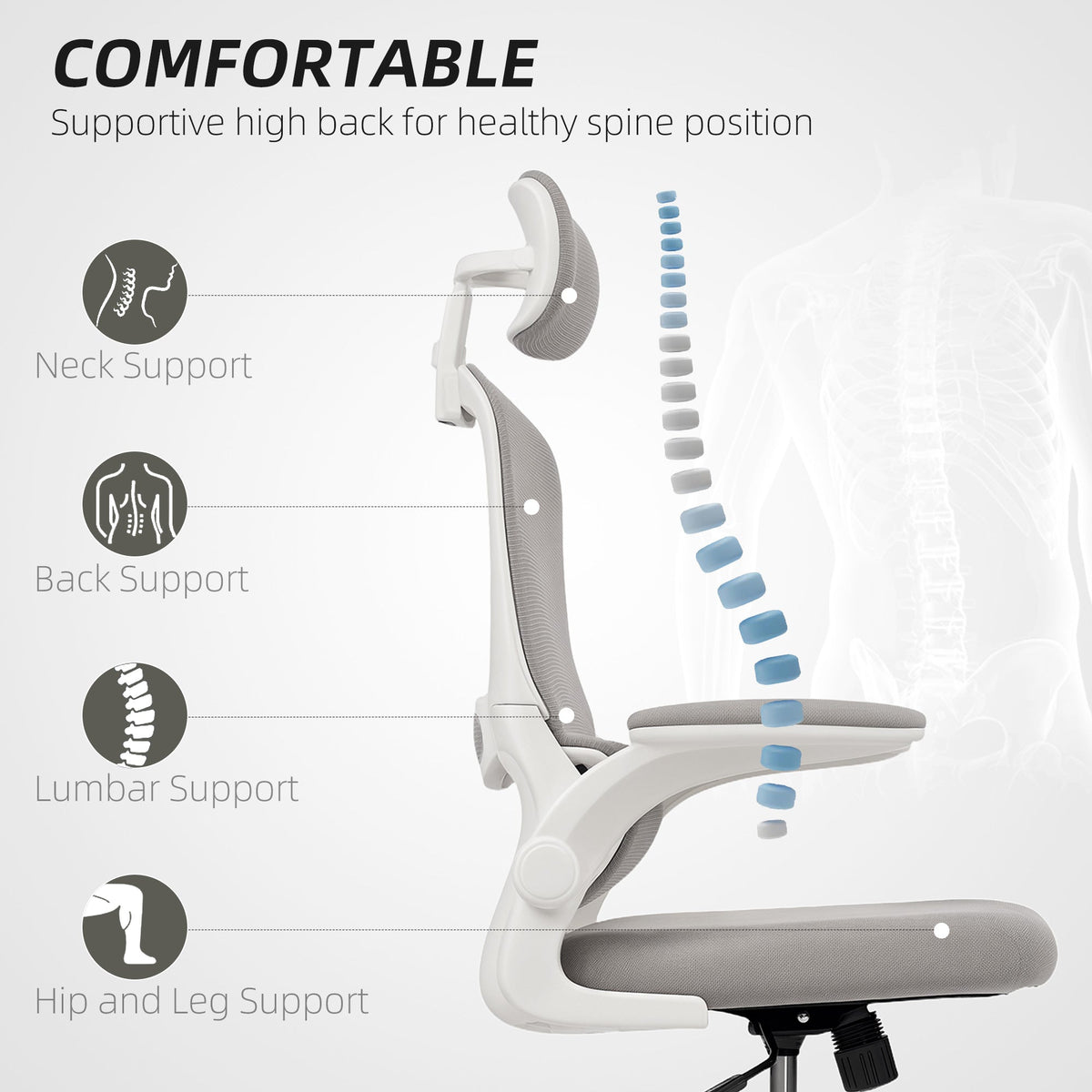 Ergonomic Mesh Office Chair, High Back Desk Chair with Rotatable Headrest, Flip-Up Armrests, Lumbar Support, Black