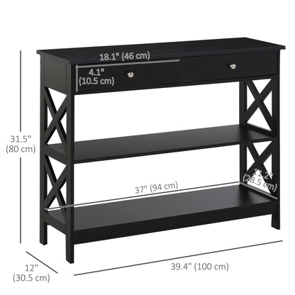 39" Console Table, Narrow Entryway Table with Storage Shelves, Drawers and X Frame for Behind Couch, Living Room, Hallway, Black