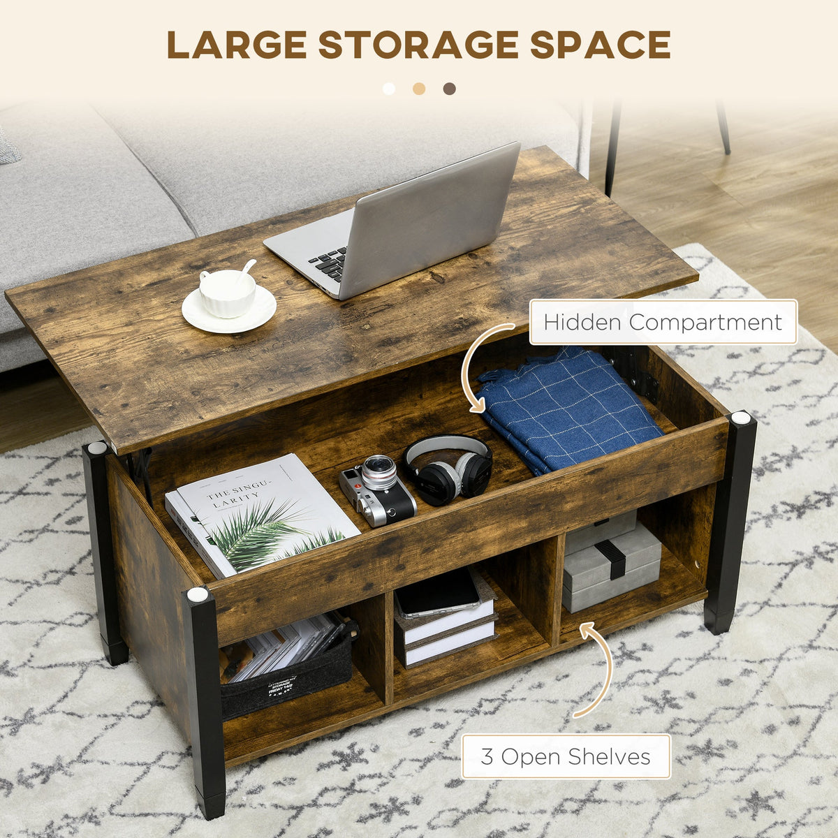 Lift Top Coffee Table, Modern Center Table with Storage Shelves and Hidden Compartment for Living Room, 41" L, Espresso