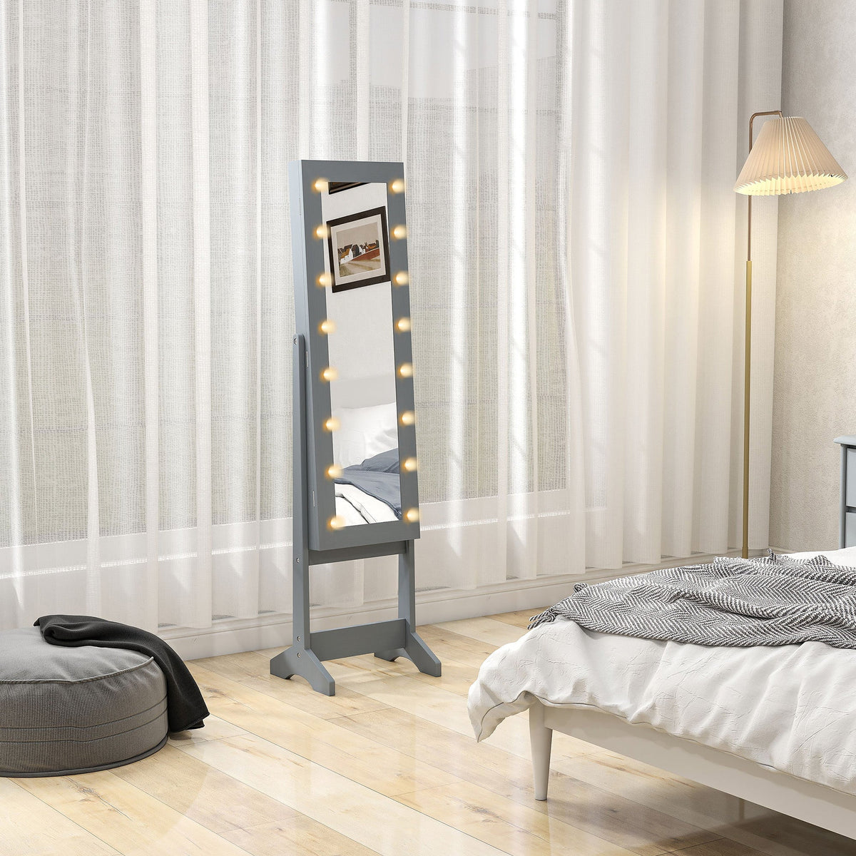 Free Standing Armoire Organizer, Lighted Mirrored Jewelry Cabinet w/ Angle Adjustable & 16 LED Lights Warm White