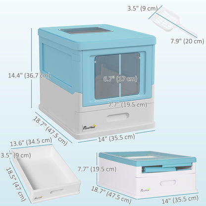 Top Entry Enclosed Kitty Litter Box with Scoop, Tray, Front Entry, Large Space, Foldable, Portable, Grey