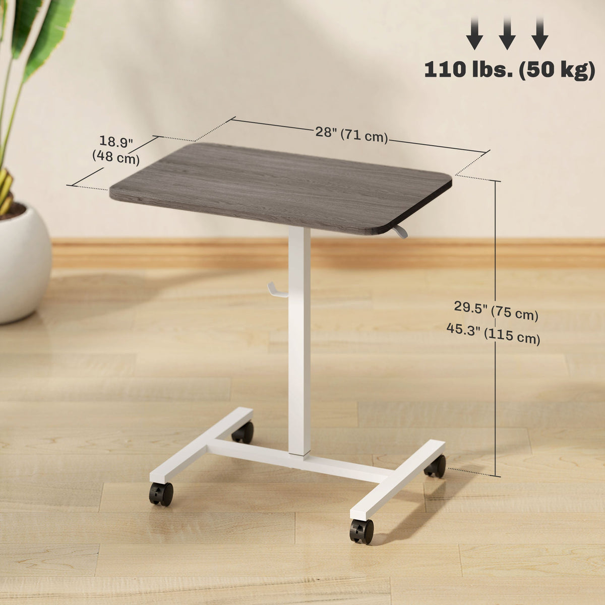 Eden Height Adjustable Standing Desk with Wheels and Headphone Hook-Grey