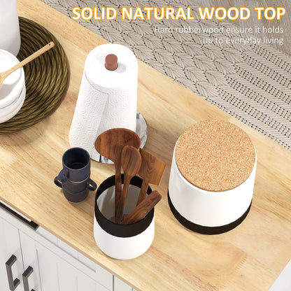 Modern Rolling Kitchen Island Cart with Drawers, Natural Wood Top, Towel Rack, Door Storage Cabinet, Black