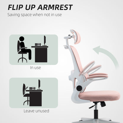 Mesh Office Chair, Ergonomic Desk Chair with Flip-up Armrest, Rotatable Headrest, Adjustable Lumbar Support, Pink