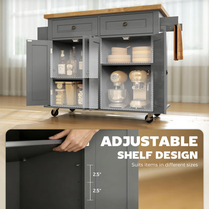 Kitchen Island with Storage, Rolling Trolley Cart with Rubber Wood Top, Spice Rack, Towel Rack, Brown Oak