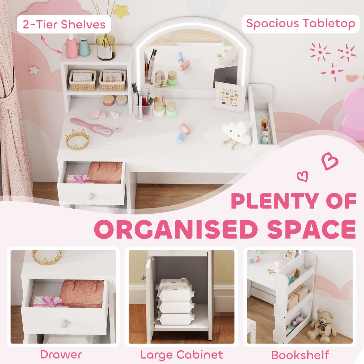 Kids Vanity Set, Toddler Dressing Table and Chair Set with Lighted Mirror, Cabinet, Drawer and Shelves, Pink