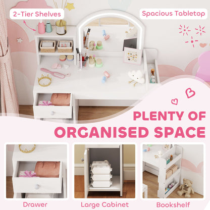 Kids Vanity Set, Toddler Dressing Table and Chair Set with Lighted Mirror, Cabinet, Drawer and Shelves, Pink