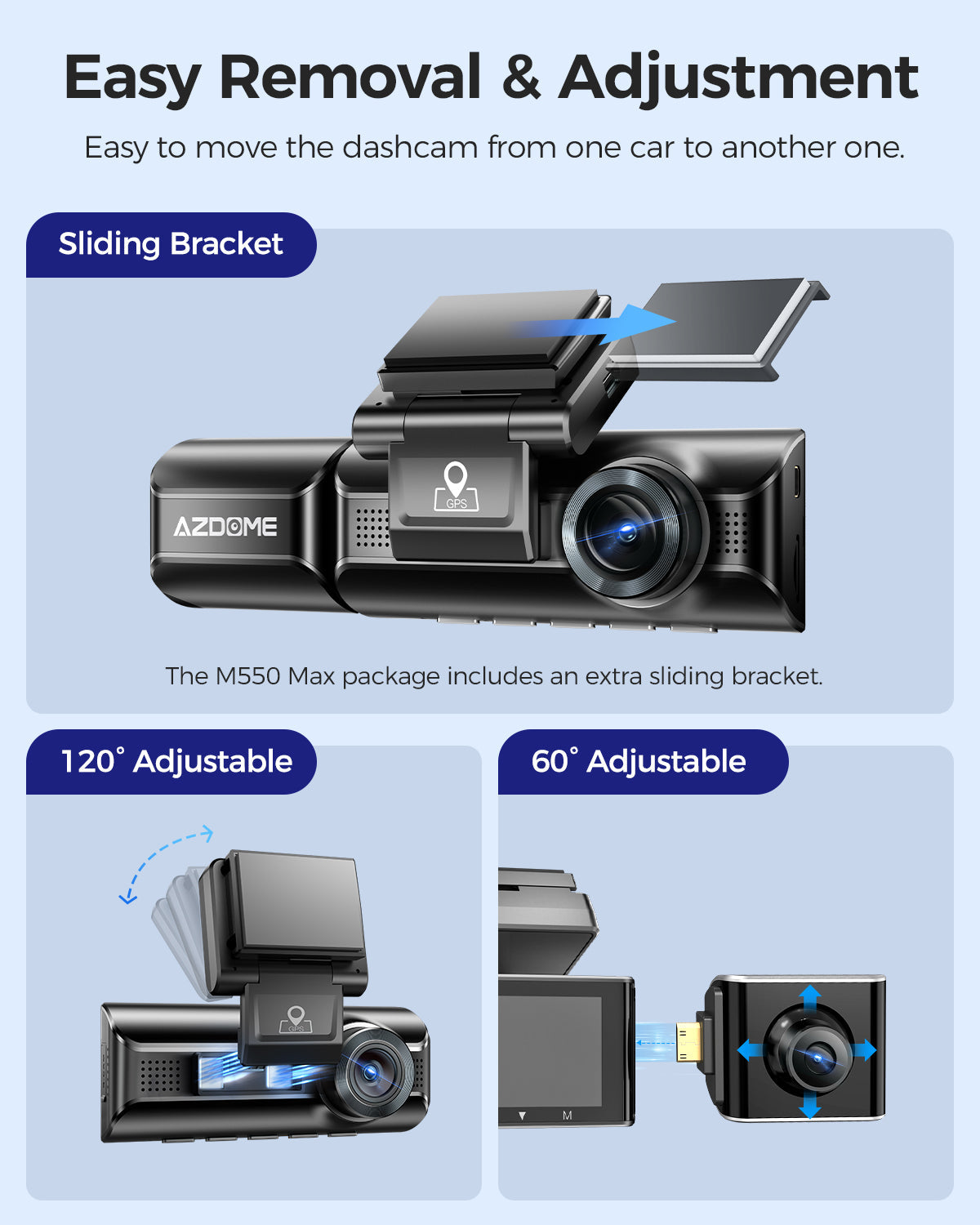 AZDOME M550 Max Dash Cam 3 Channel WiFi GPS 4K+1080P+2.5K Parking Mode 64GB Card