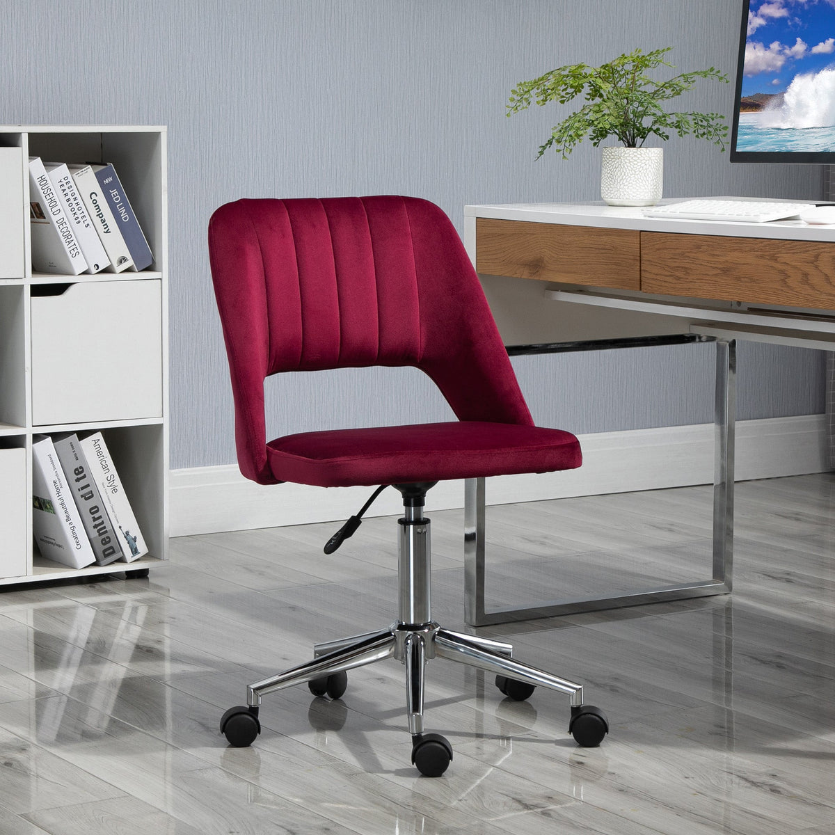 Mid Back Office Chair Velvet Fabric Swivel Scallop Shape Computer Desk Chair, Green