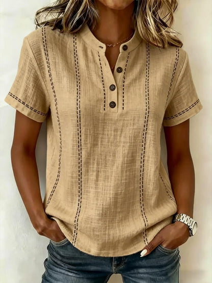 Summer Striped Short-Sleeve Shirts Casual Stand-Collar V-neck Button Blouse Womens Clothing