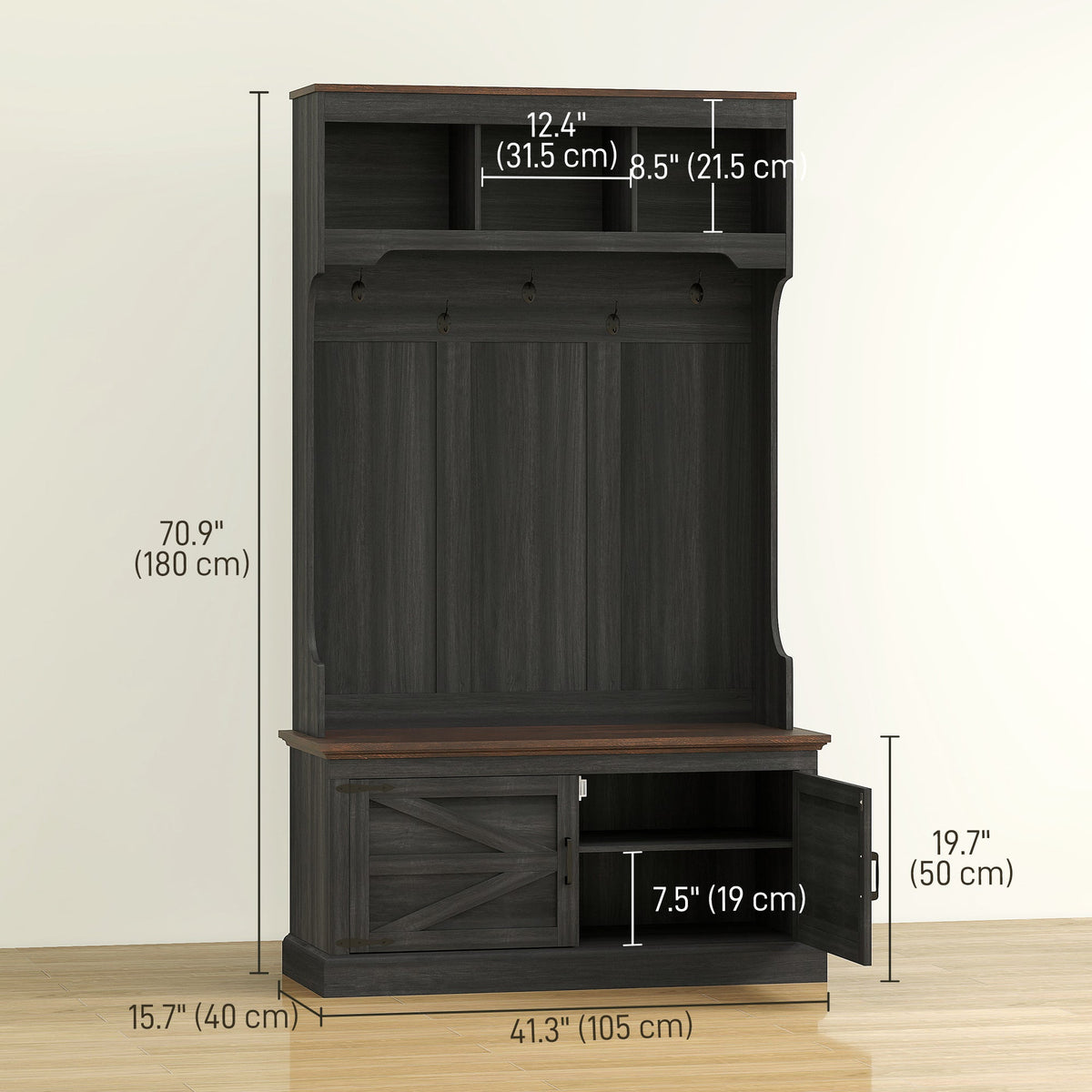 3-in-1 Hall Tree with Bench, Coat Rack with Shoe Storage, Distressed Black