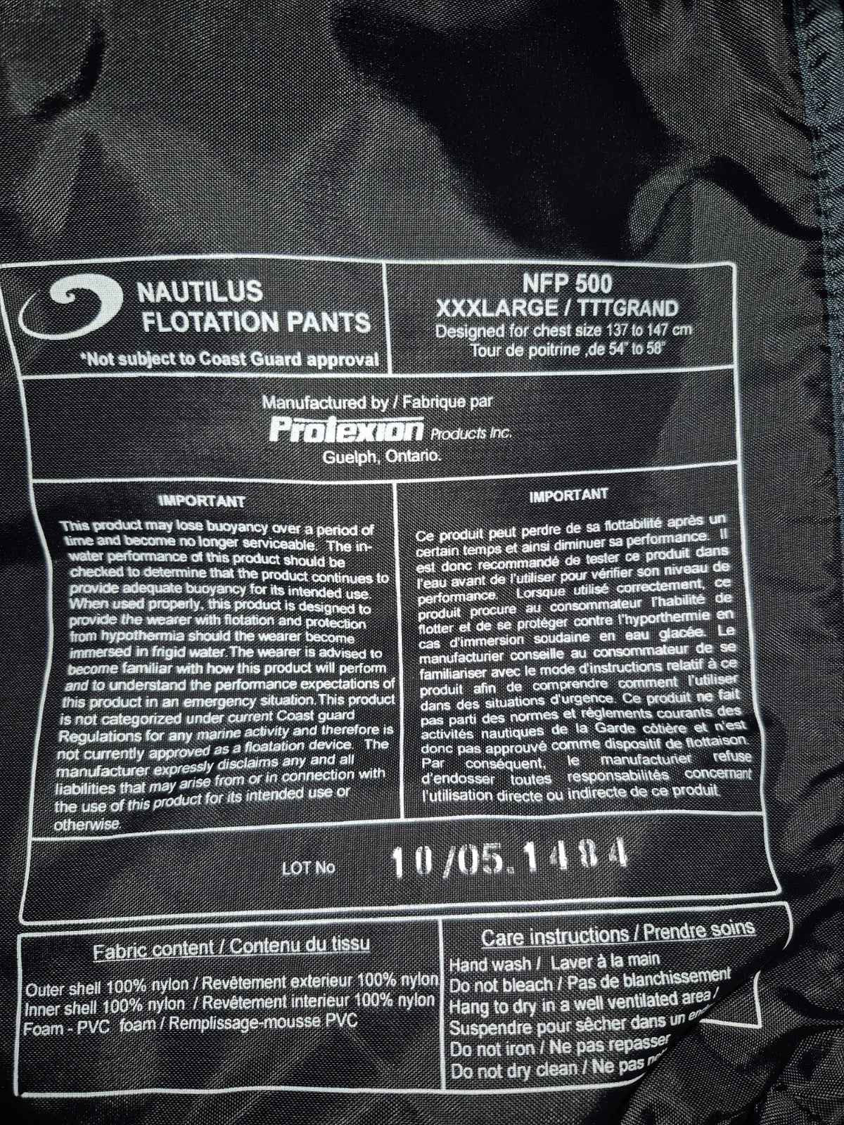 Nautilus Pro Series Insulated Survival Flotation Pants 3XL Made in Canada!