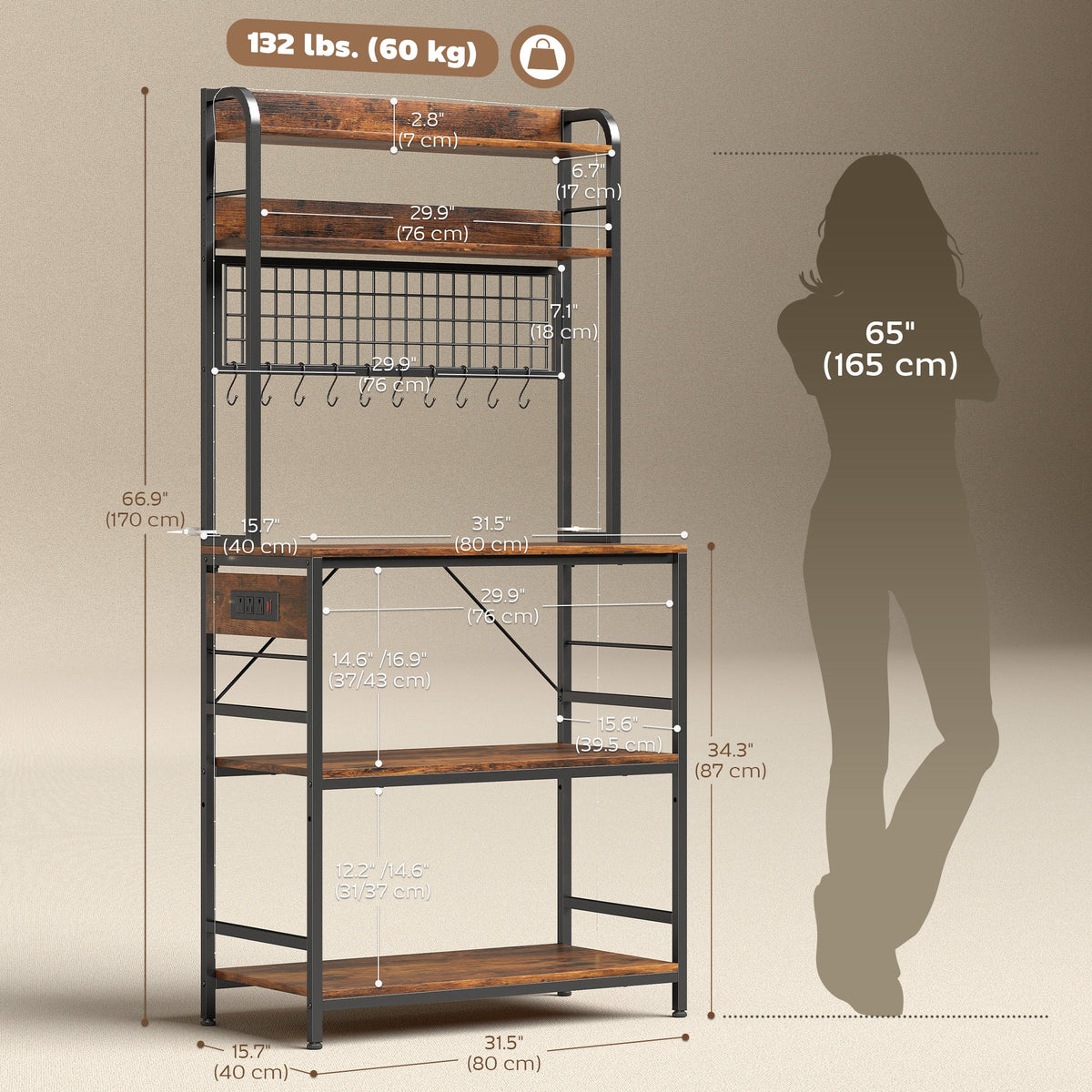 Kitchen Baker's Rack with Power Outlet and LED Light, 5-Tier Coffee Bar Station with 10 Hooks, Grey