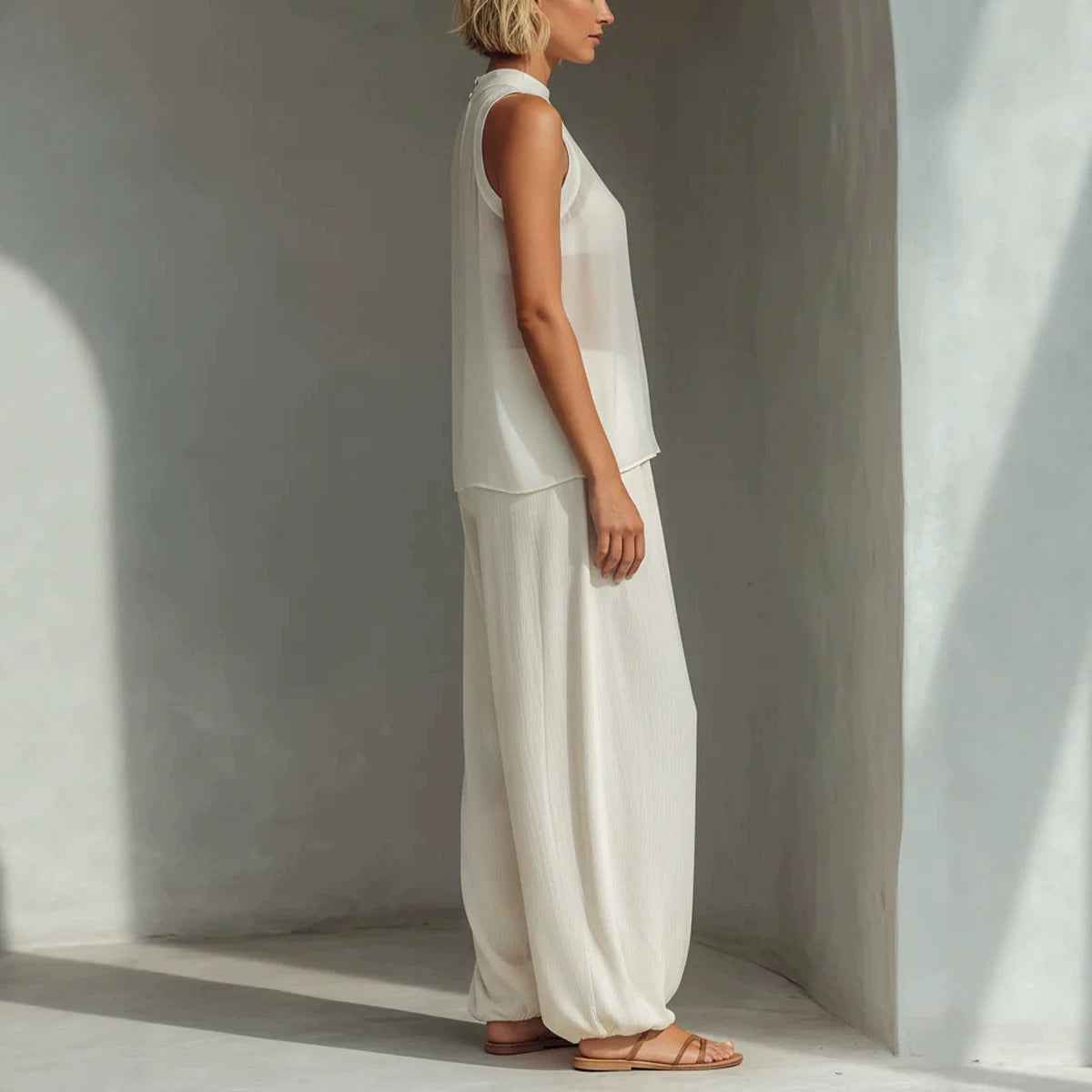 Sheer Round-neck Sleeveless Tank Top And Drawstring Wide-leg Pants Set