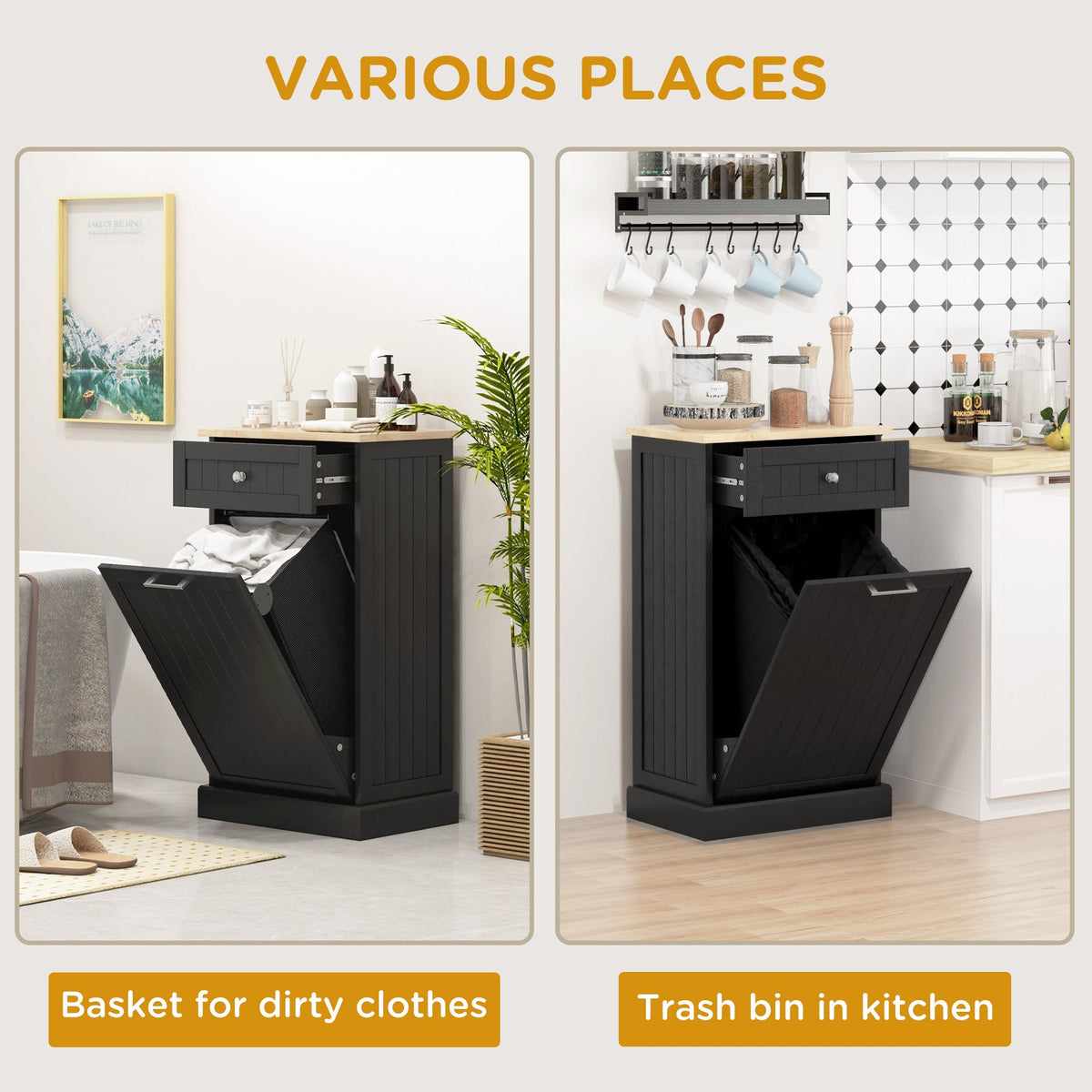 Kitchen Tilt Out Trash Bin Cabinet, Free Standing Recycling Cabinet, Trash Can Holder with Drawer, White