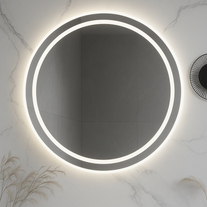 HaloLux Round LED Bathroom Mirror — Frosted Front-Light Ring + Back-Lit Halo, Dimmable, Anti-Fog & Memory (3000K/4000K/5000K) | 24″, 28″, 32″ | CE & ETL Certified