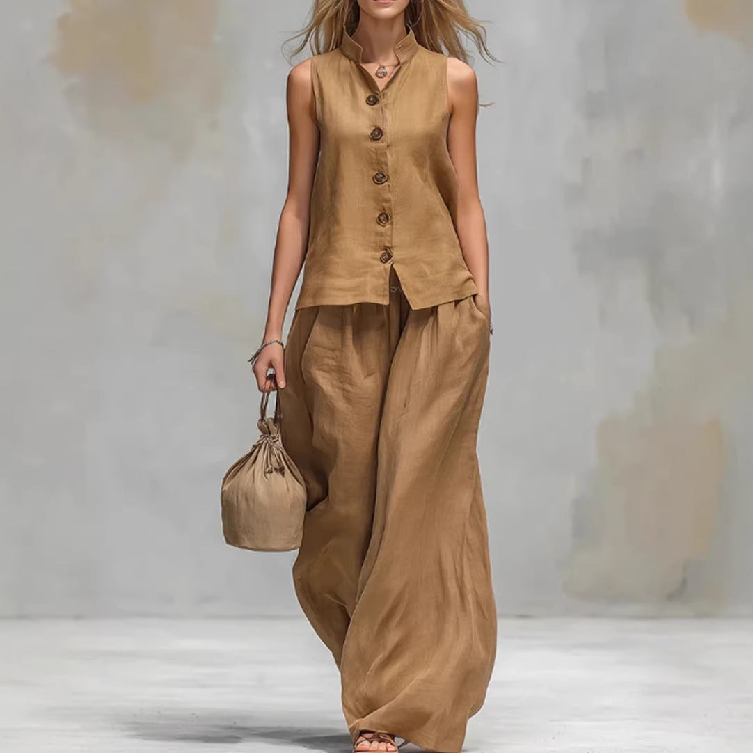 Casual Two-Piece Stand Collar Sleeveless Vest And Matching Pants Set - Summer Women Vest & Pan Two Piece Outfit