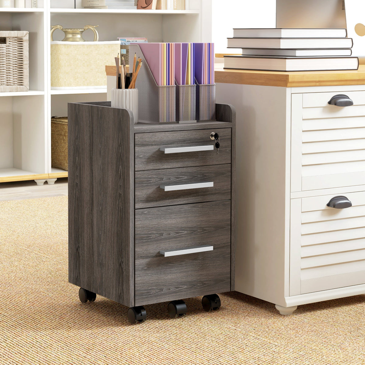 3 Drawer File Cabinet with Lock and Edged Top, Lockable Filing Cabinet on Wheels for Letter and A4 Size, White