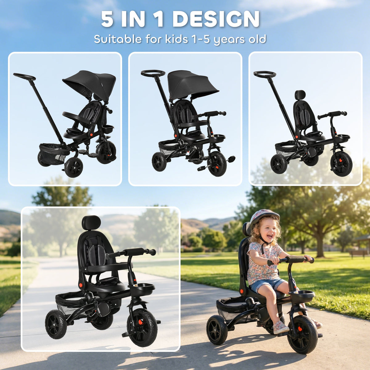 Tricycle for Toddler 5 in 1 Kids Trike, Foldable Converts Stroller to Toddler Bike, Adjustable Backrest & Curved Canopy, Detachable Guardrail & Handle for 1-5 Years Old, Black