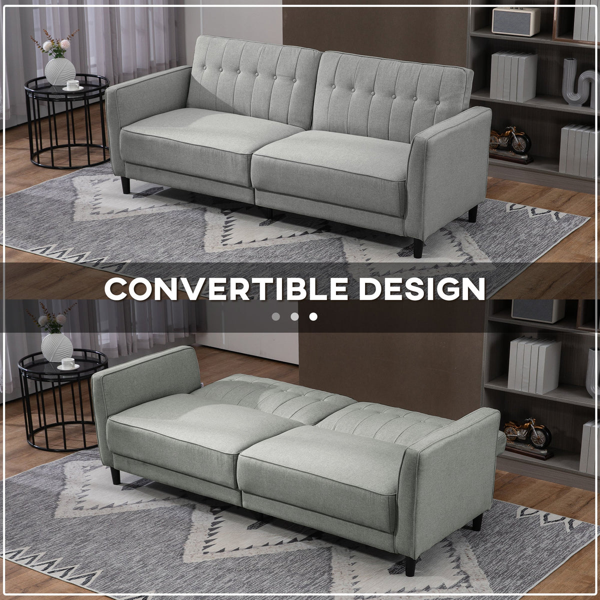 Convertible Bed with Couch, Button Tufted Fabric Sofa Bed with Adjustable Back for Living Room, Charcoal Grey