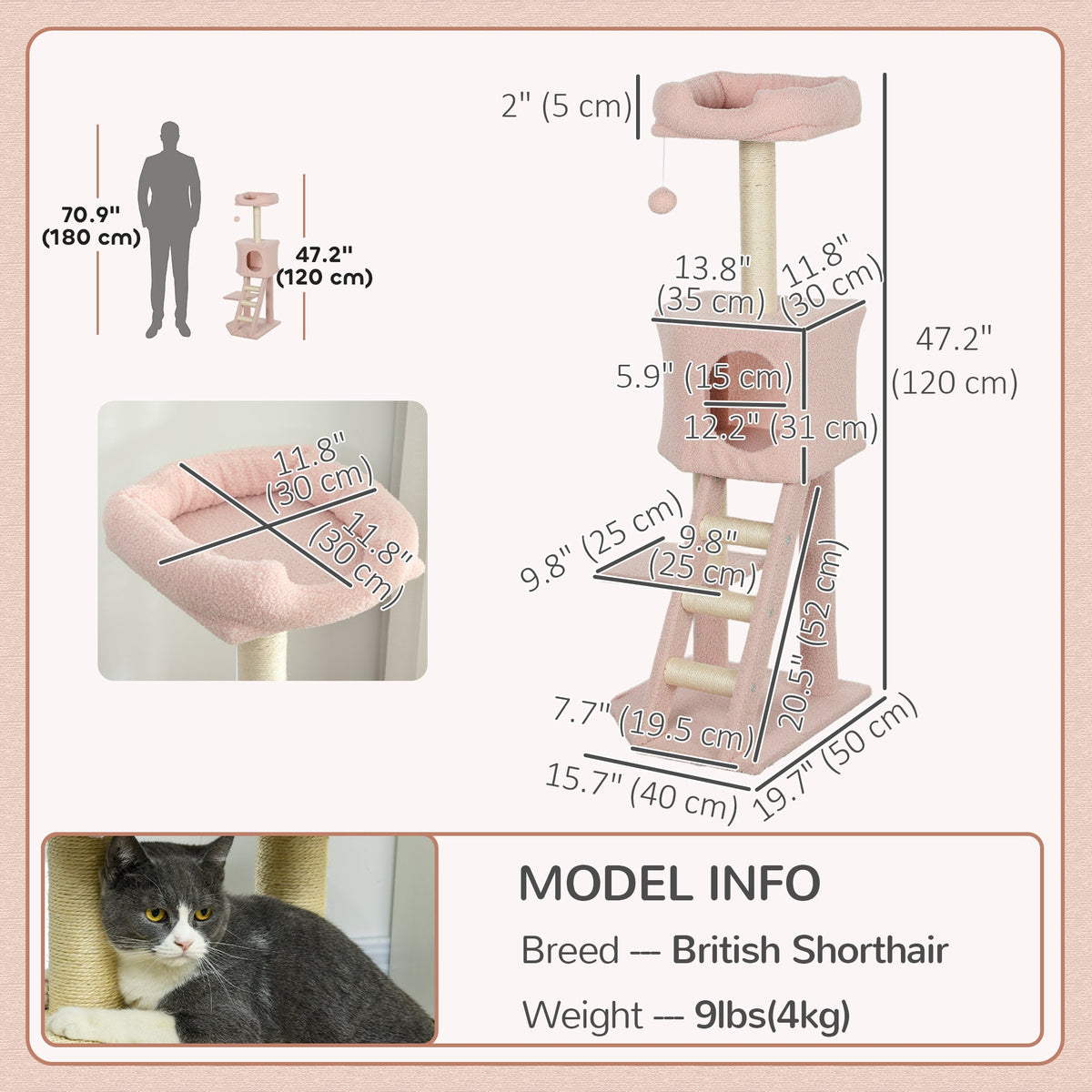 47" Tall Cat Tree Tower with Condo, Ladder, Scratching Posts and Hanging Ball, Light Grey