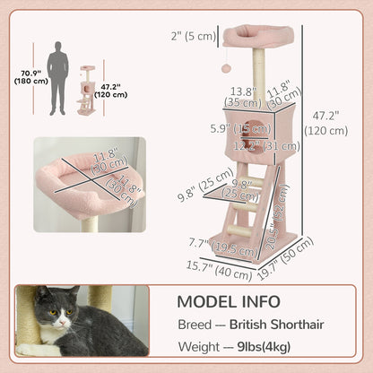 47" Tall Cat Tree Tower with Condo, Ladder, Scratching Posts and Hanging Ball, Light Grey