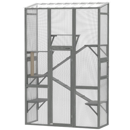 Large Outdoor Catio with 6 Jumping Platforms, Scratching Post, 2 Ramps, Waterproof Roof, Grey