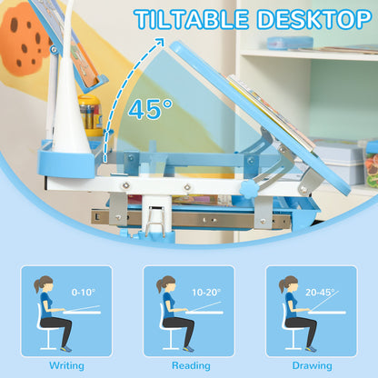Kids Desk and Chair Set Height Adjustable Student Writing Desk Children School Study Table with Tilt Desktop, Blue