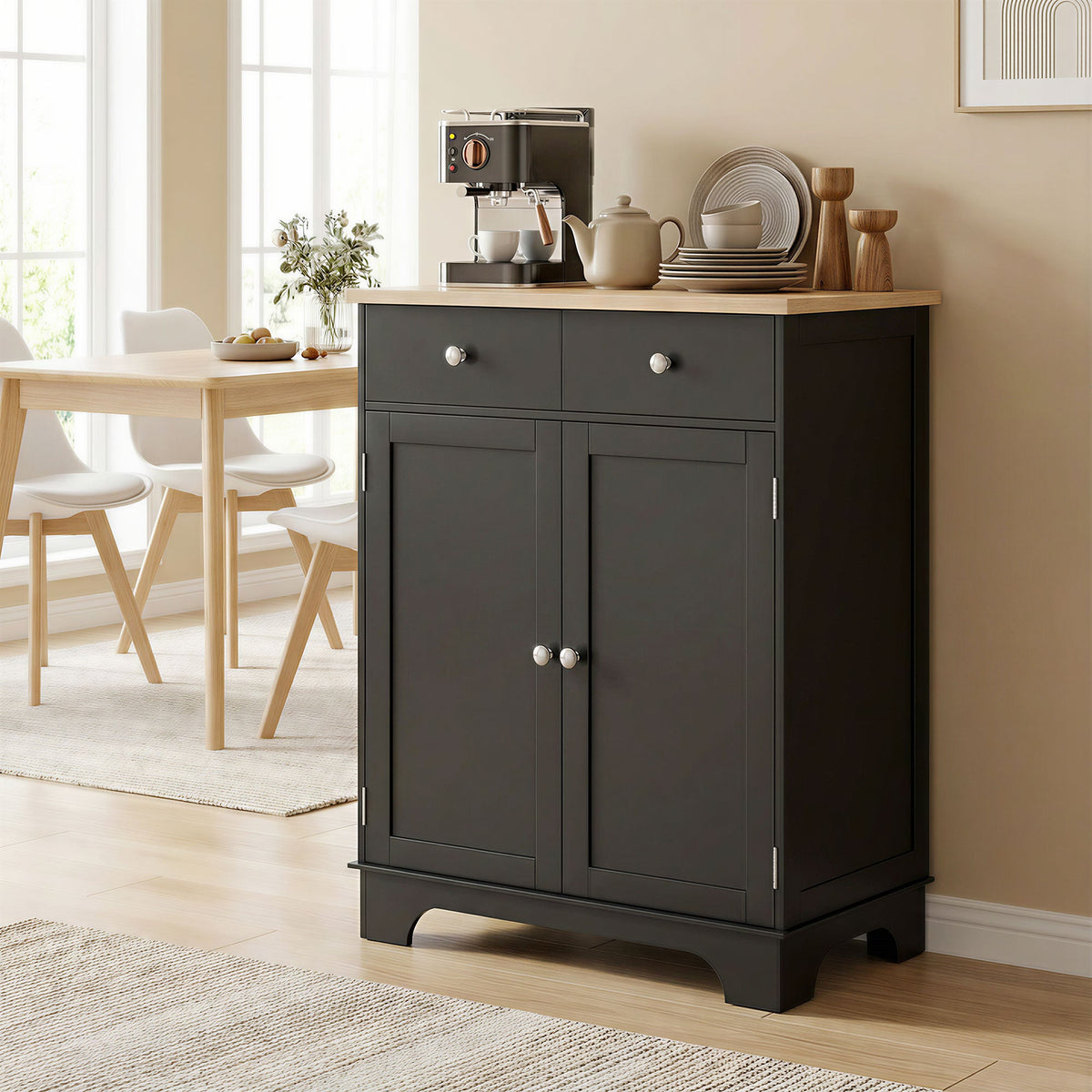 Sideboard Buffet Cabinet with Storage, 27" Kitchen Cabinet with Adjustable Shelf, 2 Drawers and 2 Doors, Coffee Bar Cabinet with Rubberwood Tabletop, White
