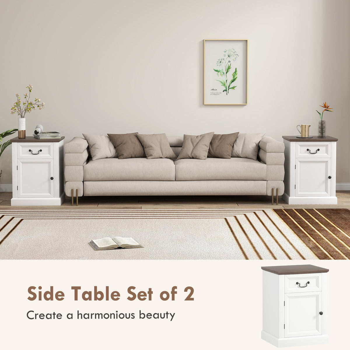 Side Table Set of 2, End Tables with Drawer and Cabinet, Nightstands for Small Spaces, Living Room, Black