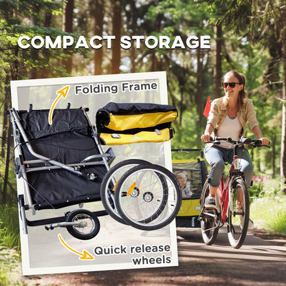2-in-1 Bike Trailer for Kids, Foldable 2-Seat Baby Stroller with 5-Point Harness, Rubber Wheels, Storage Bag, Black