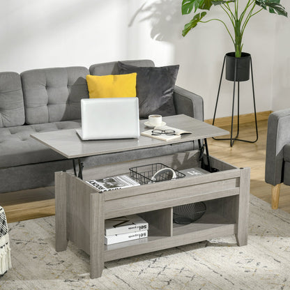 Lift Top Coffee Table with Hidden Storage Compartment and Open Shelves, Lift Tabletop Pop-Up Center Table for Living Room, Dark Walnut