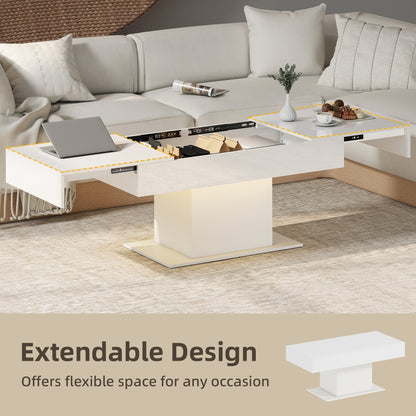 Halston Extendable Coffee Table with LED Lights and Hidden Storage-White