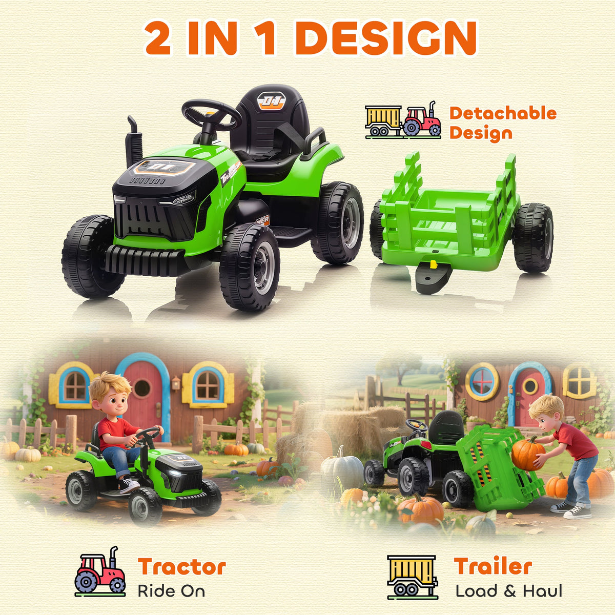12V Kids Ride On Tractor with Trailor, Remote Control, Music, Lights, Shifter, for Kids Ages 3-8 Years, Blue