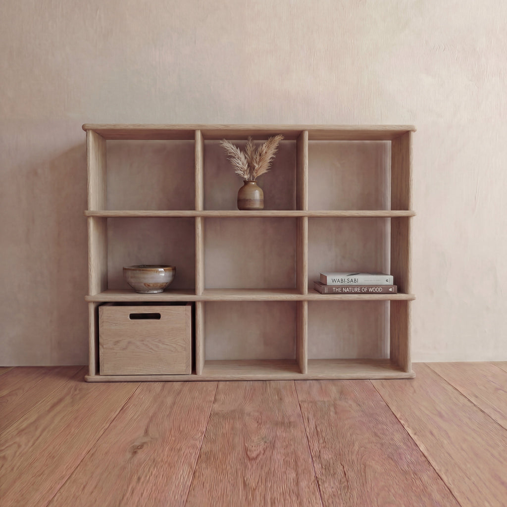 Nine cube bookshelf in white oak