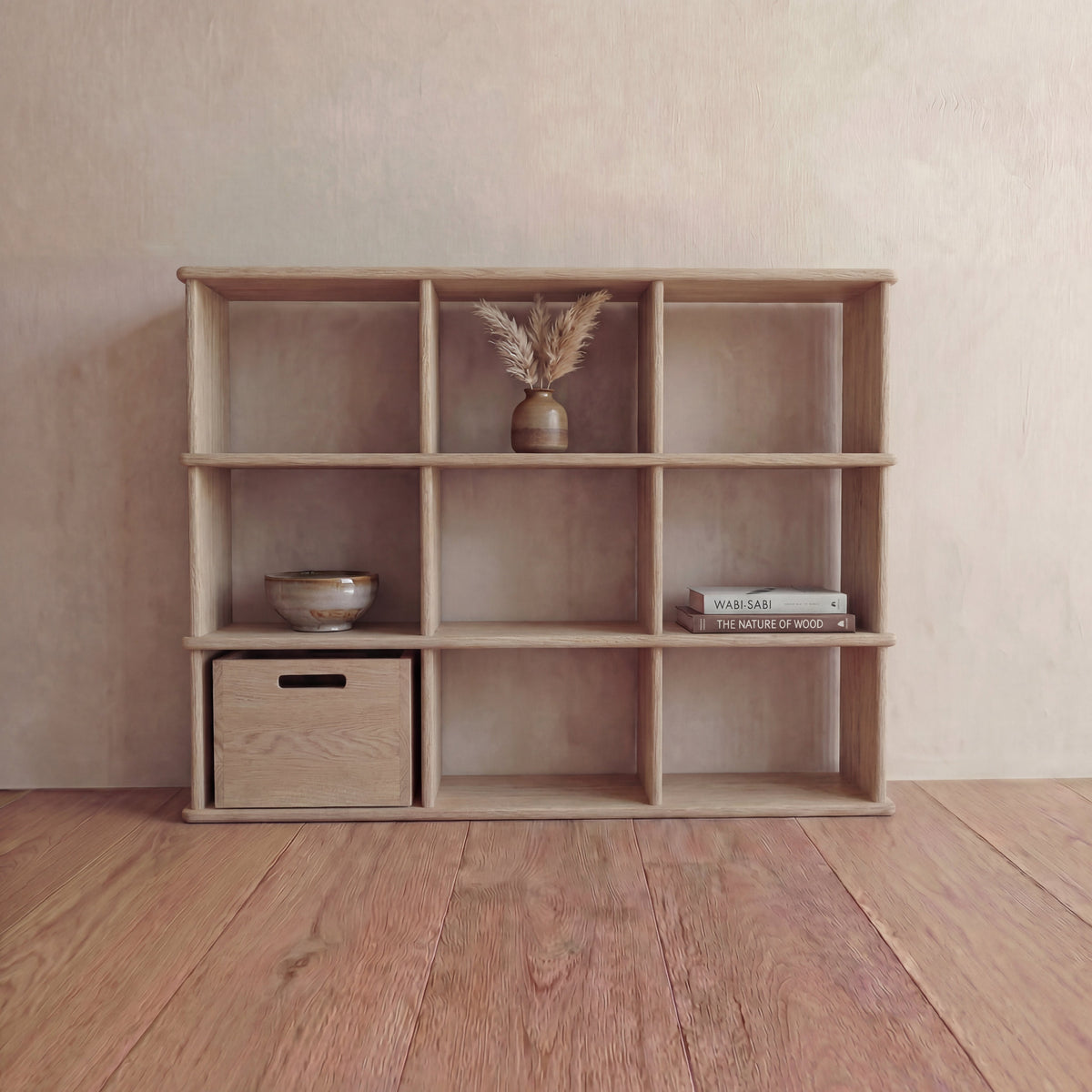 Nine cube bookshelf in white oak