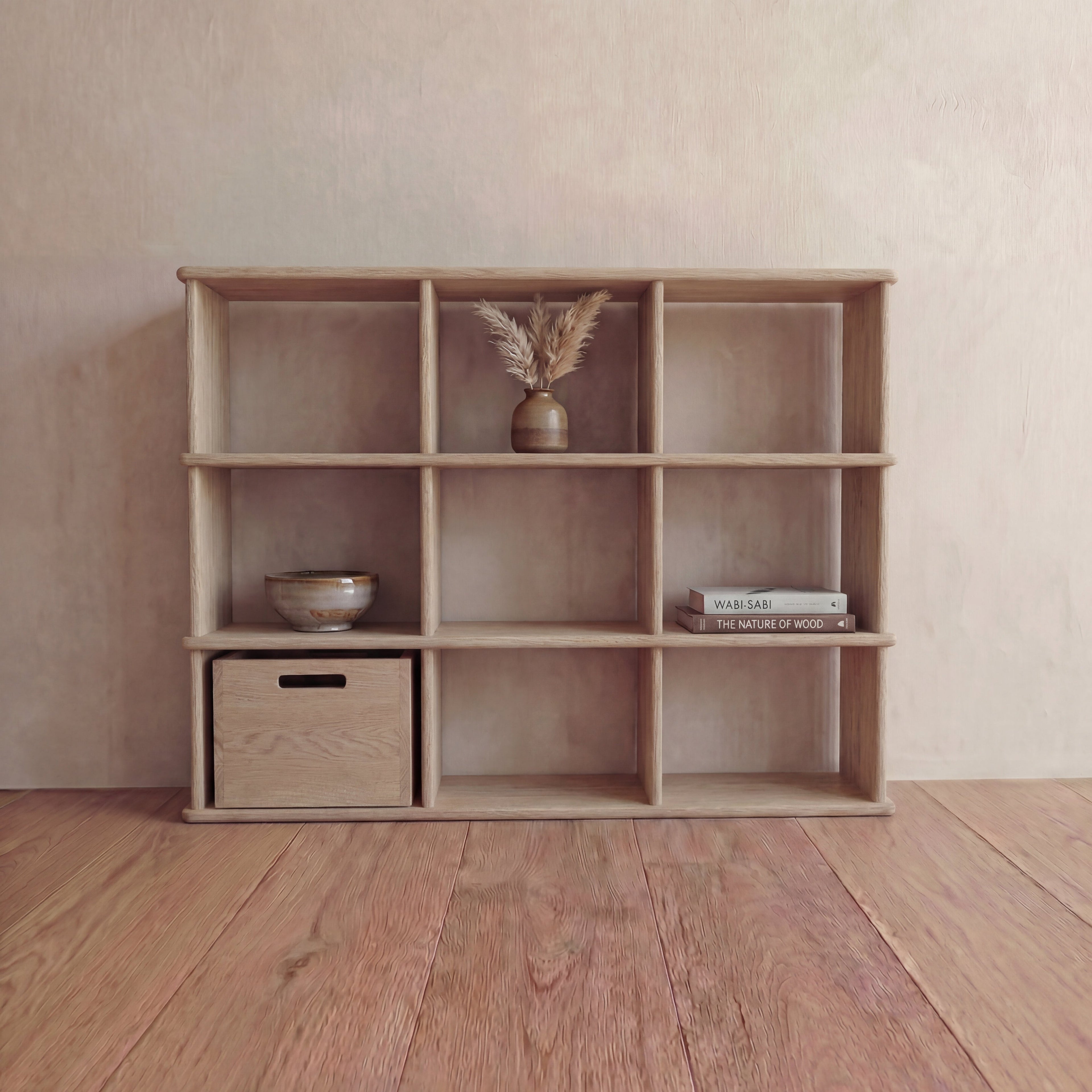 Nine cube bookshelf in white oak