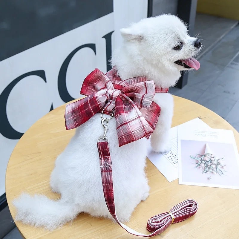 Heritage Plaid Bow Dog Harness and Leash Set | Dog Walking Outfit