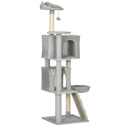 63 Inch Cat Tree with Sisal Scratching Posts, Condos, Plush Perches, Hammock, Ladder, Dangling Balls, Beige