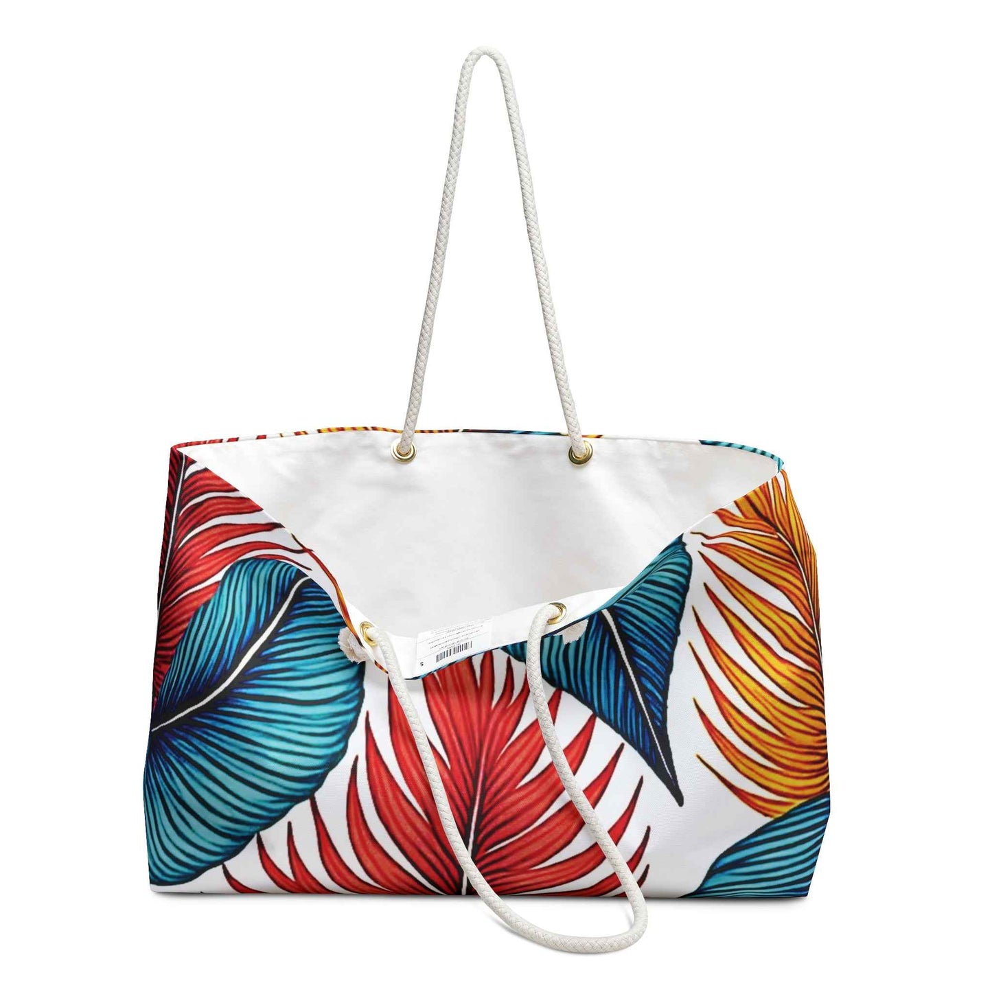 Tropical Leaf Pattern Weekender Bag | Blue Teal Orange Palm, Large Tote Bag